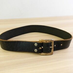 Vintage Adjustable Leather Belt 26 Black Solid Brass Buckle Classic Work JON USA